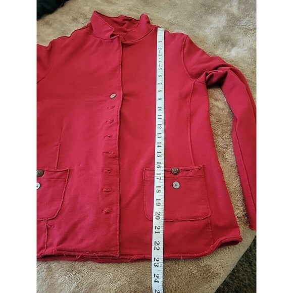 White Lotus Jersey‎ Stretch Blazer Rolled Hem Pockets Wood Metal Buttons Small - Picture 9 of 14